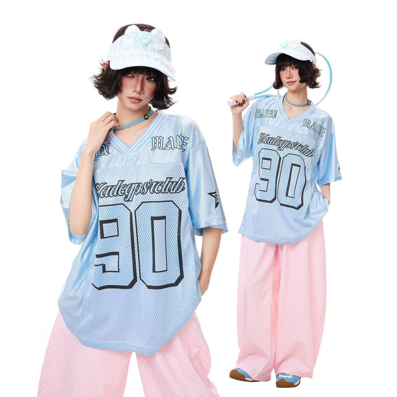 Retro American-Style Pullover V-Neck Sports Short-Sleeve T-Shirt for Women, Summer Korean-Style Mesh Hip-Hop Spicy Girl Baseball Uniform Retro American-Style Pullover V-Neck Sports Short-Sleeve T-Shirt for Women, Summer Korean-Style Mesh Hip-Hop Spicy Girl Baseball Uniform