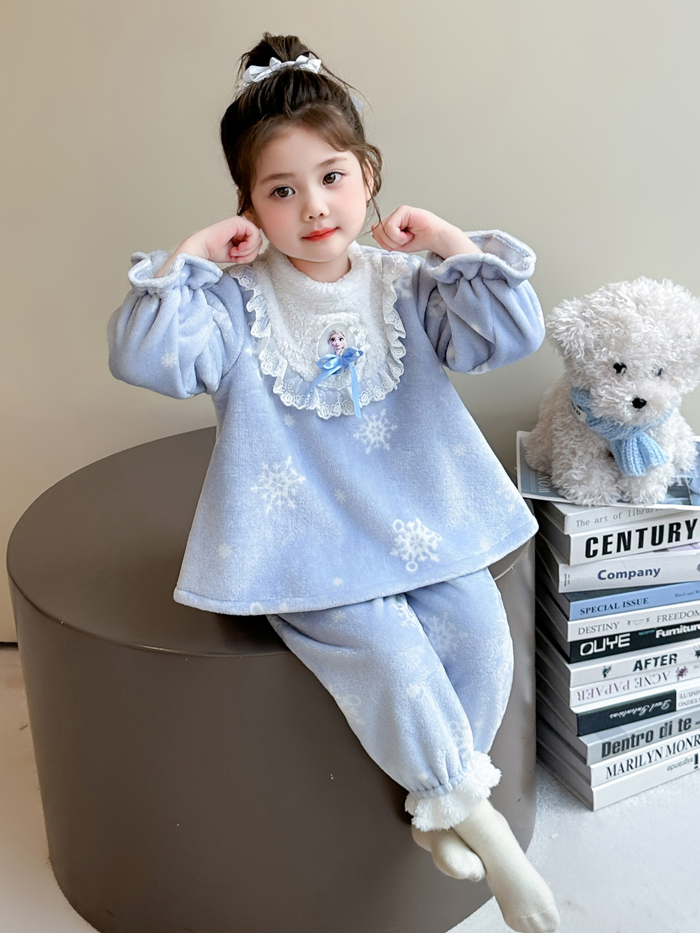 Niñas coreanas de invierno nuevo pajama de coral de franela engrosado conjunto de ropa de casa princesa dulce