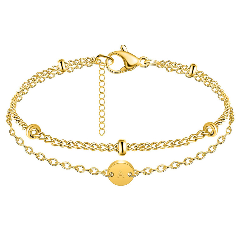 European and American Trendy Fashion Round 26-Letter Double-Layer Bracelet with Small Round Beads for Stacking, Initial Letter Jewelry Bracelet
