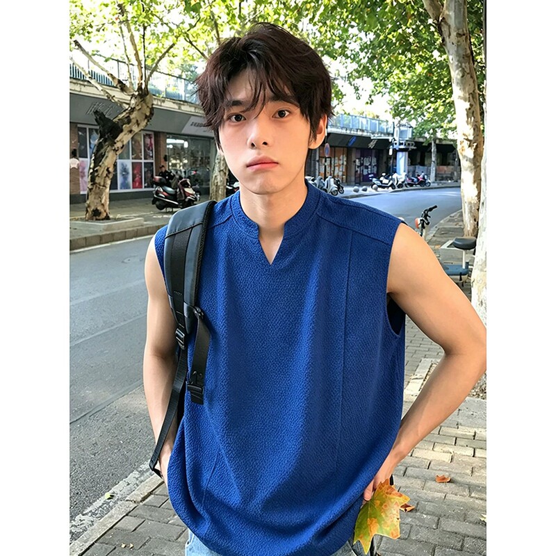 Klein Blue Dragon Scale Pattern Breathable Vest Men's Summer American Style Deconstructed V-Neck Sleeveless T-Shirt Fitness Sports Vest Klein Blue Dragon Scale Pattern Breathable Vest Men's Summer American Style Deconstructed V-Neck Sleeveless T-Shirt Fitness Sports Vest