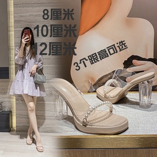 2023 Summer new one-strap high heel slippers waterproof platform Crystal chunky heel mid heel small size transparent sandals for women