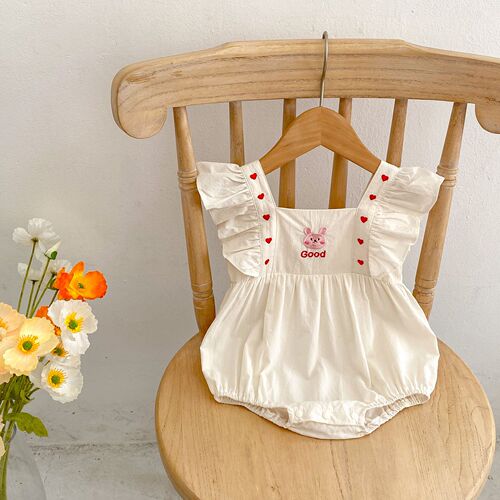 ins summer baby clothes small love flying sleeves triangle khaki cute rabbit embroidery square collar bag fart clothing rompers