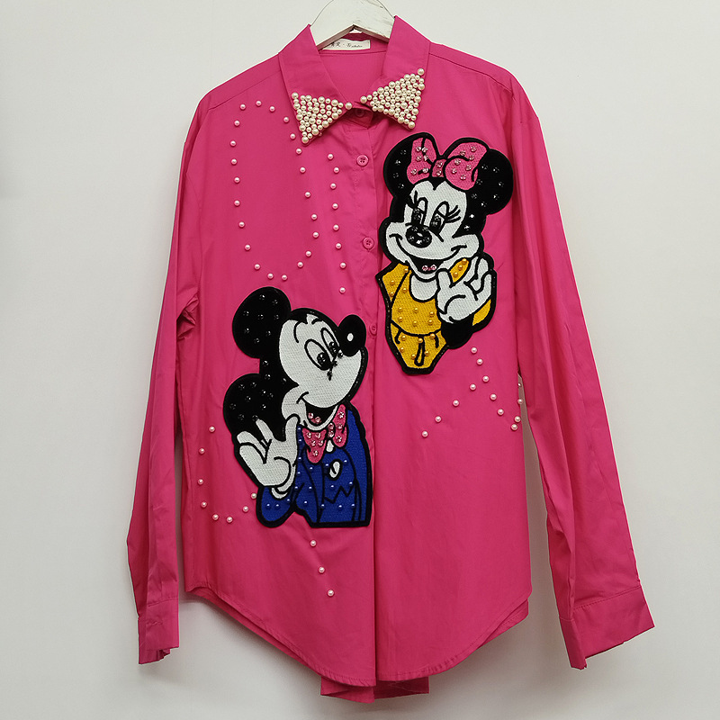 European Heavy-Duty Design Beaded Mickey Mouse Loose Long-Sleeved Shirt for Women Autum New Fashion Versatile Top Trend