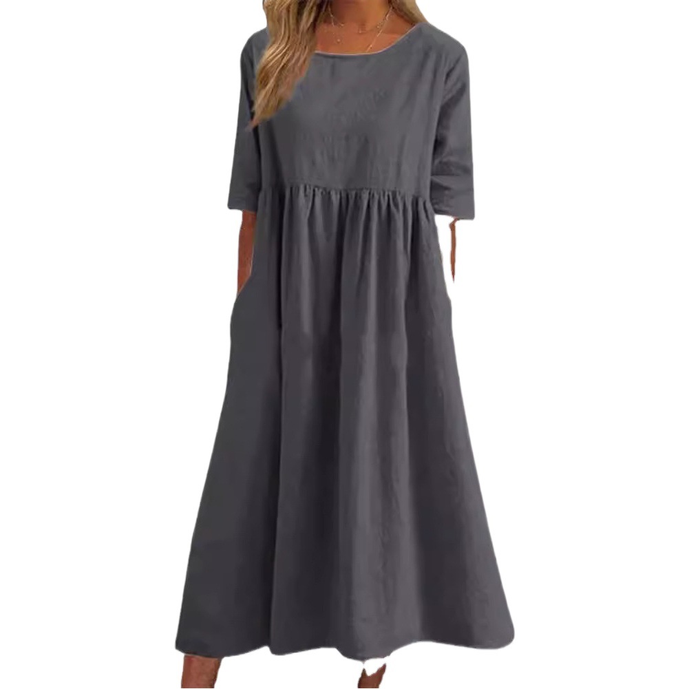 Vestido informal holgado de algodón y lino de color liso con cuello redondo y manga corta, talla grande, nueva colección primavera/verano 2026 para comercio transfronterizo. image 1