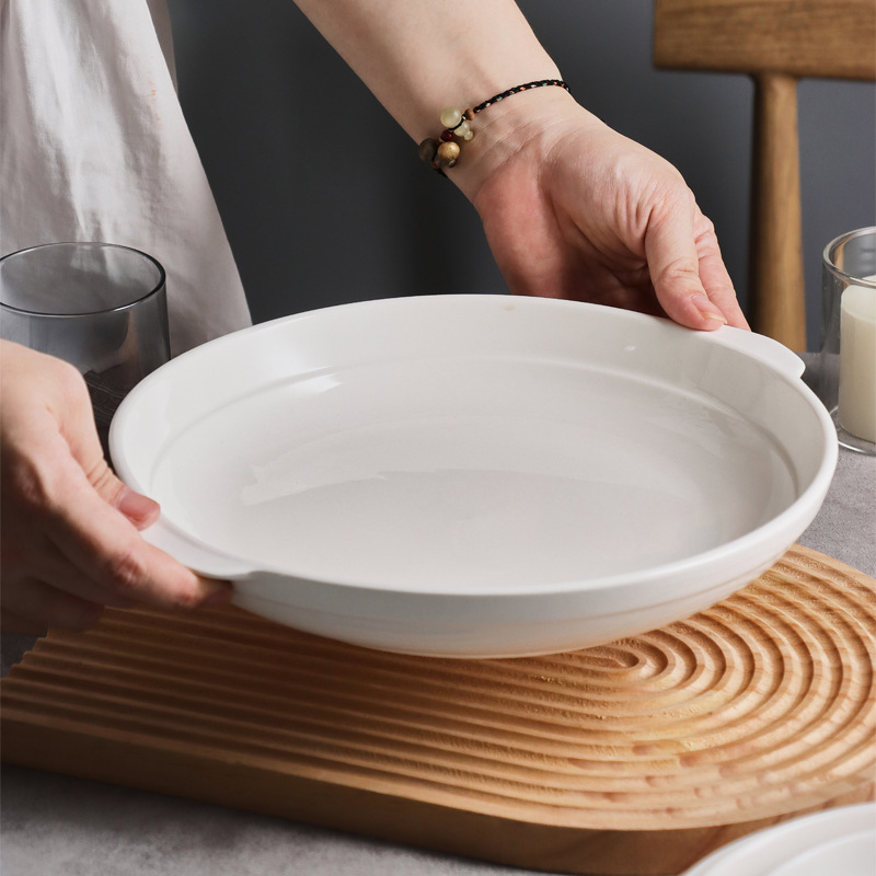 纯白陶瓷家用盘子酒店餐具双耳鲍鱼盘凉菜盘深盘西餐盘汤盘肠粉盘