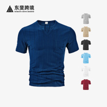 跨境男装欧美夏季新款时尚运动休闲全涤仿麻小方格男士V领短袖T恤