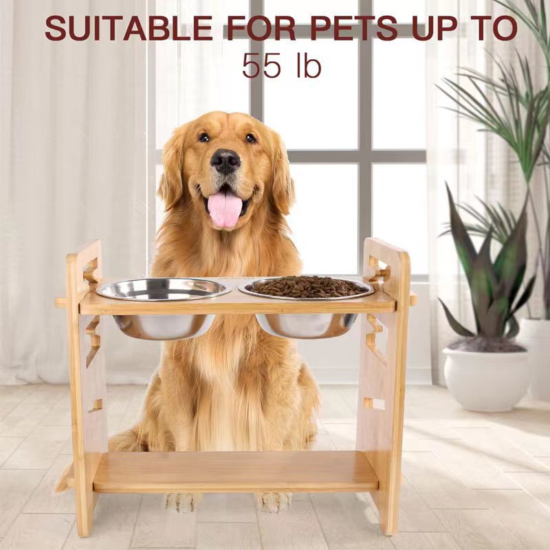 Amazon Simple Pet Dog Bowl Rack de comida para perros de bambú y madera Rack de tazón de mesa de comedor para perros de doble tazón de madera ajustable