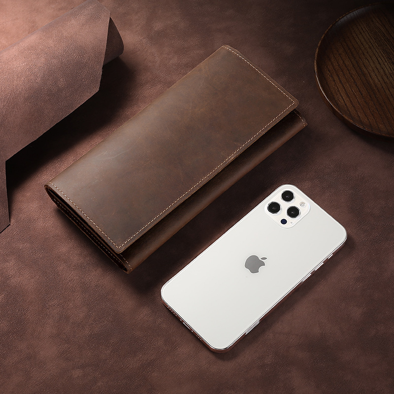Retro Crazy Horse Leather Long 70% off Wallet Can Hold Mobile Phone Genuine Leather Handheld Men's Card Holder Multiple Card Slots Casual Handbag