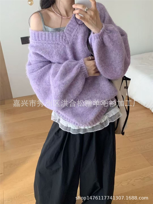 韩系宽松慵懒v领套头毛衣女秋冬新款纯色百搭大码针织衫软糯上衣|undefined