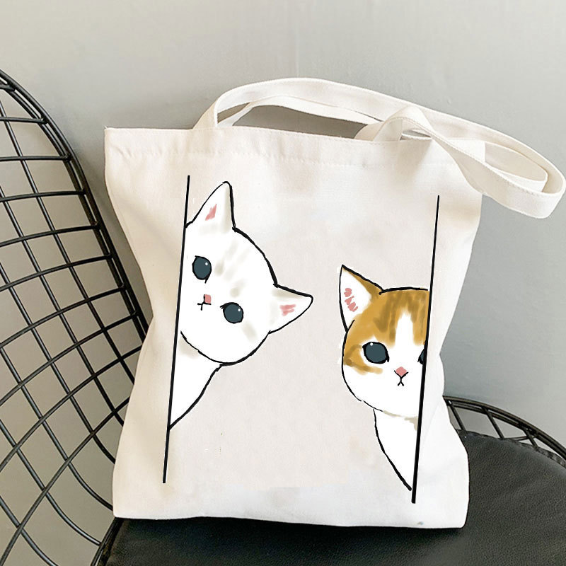 包购物袋单肩猫咪宿印花帆布包购物可爱Kawaii手提Cat帆布学生时