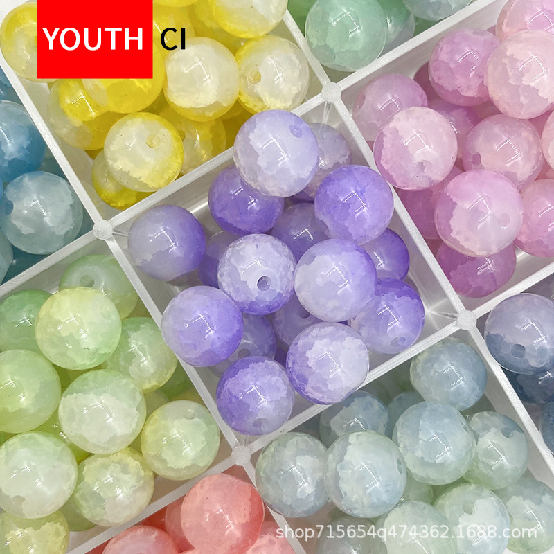 10mm Ice Cracked Jade-Like Glass Beads Imitation Jade Beads Loose Beads Bracelet DIY Straight Hole Round Beads Glass Beads Buddhist Beads
