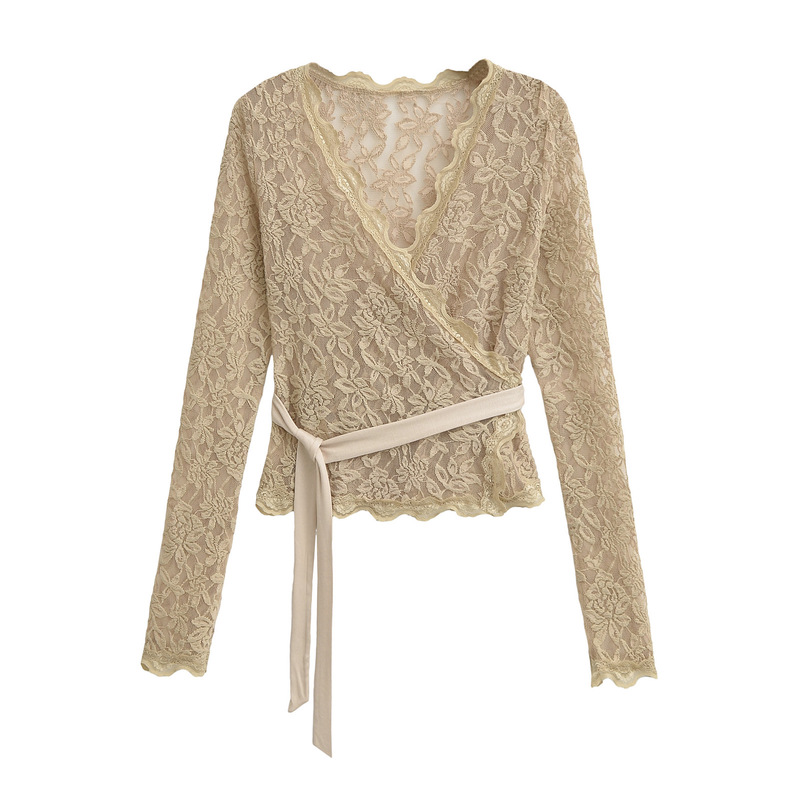 9102-Sexy V-neck Lace Shirt Design Sense Tight Waist Strap Top 2024 New Fashion Tight Base Shirt