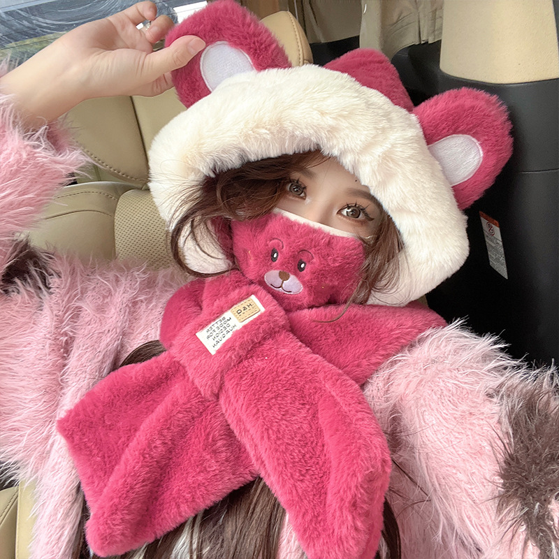 Otoño e Invierno nuevo sombrero bufanda máscara felpa cálido sombrero femenino lindo oso cálido bufanda de tres piezas