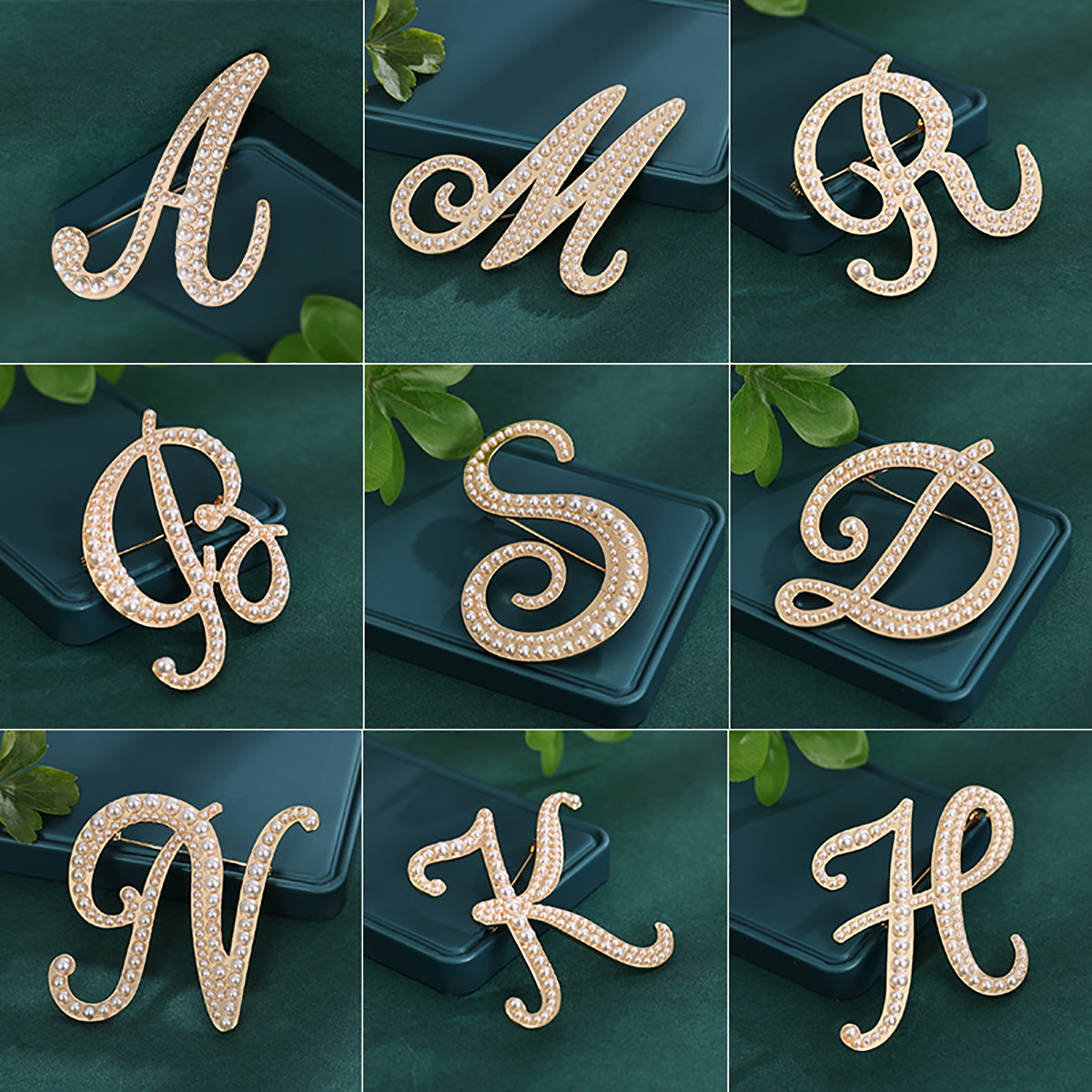 26 broches con letras en inglés de perlas, alfileres para ropa, decoraciones retro transfronterizas europeas y americanas, accesorios antiexposición para cuello