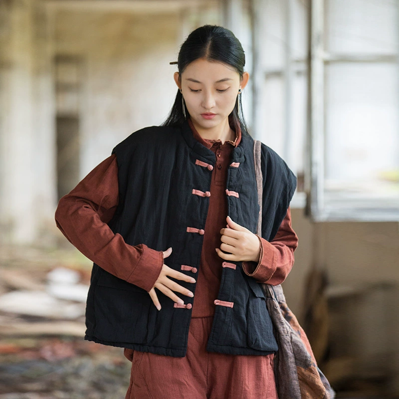 Новая зимняя женская стеганая хлопковая куртка в улучшенном новом китайском стиле, художественная, с индивидуальным дизайном, на пуговицах, женский хлопковый жилет