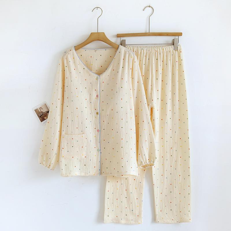 Women's Summer Cotton Yarn Long-sleeved Trousers with Chest Pad Pajamas Women's Large Size Home Clothes Wear-free Bra Home Suit