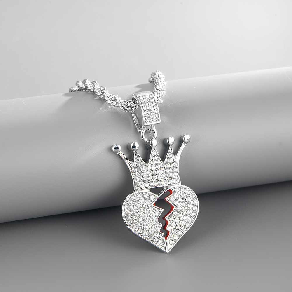 Love Crown Broken Heart Pendant Street Style Full of Diamond Lovers Necklace_voghion.com