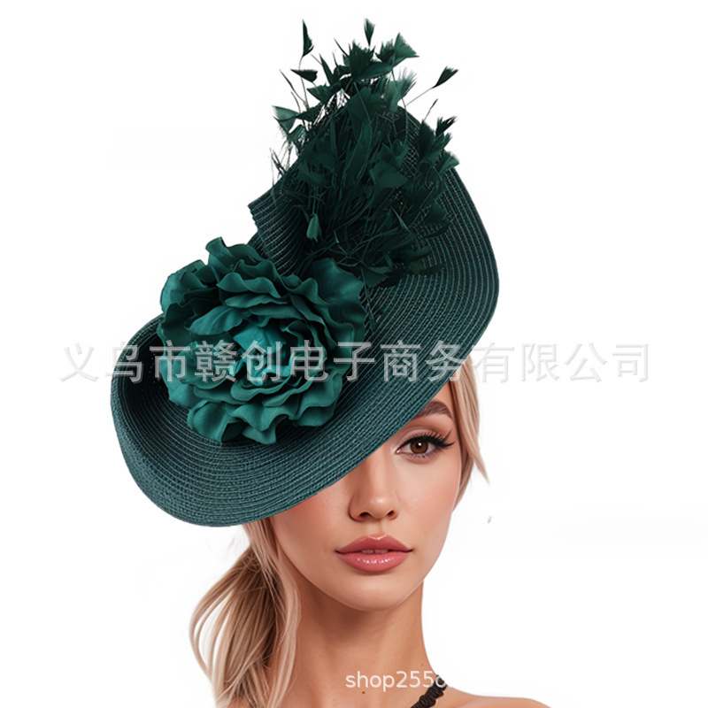 欧美亚马逊夸张仿草帽夸张大礼帽手工头饰花朵羽毛头花发箍发饰|undefined