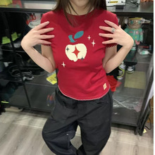 韩系红色苹果刺绣正肩短袖T恤女夏季修身显瘦设计感别致短款上衣