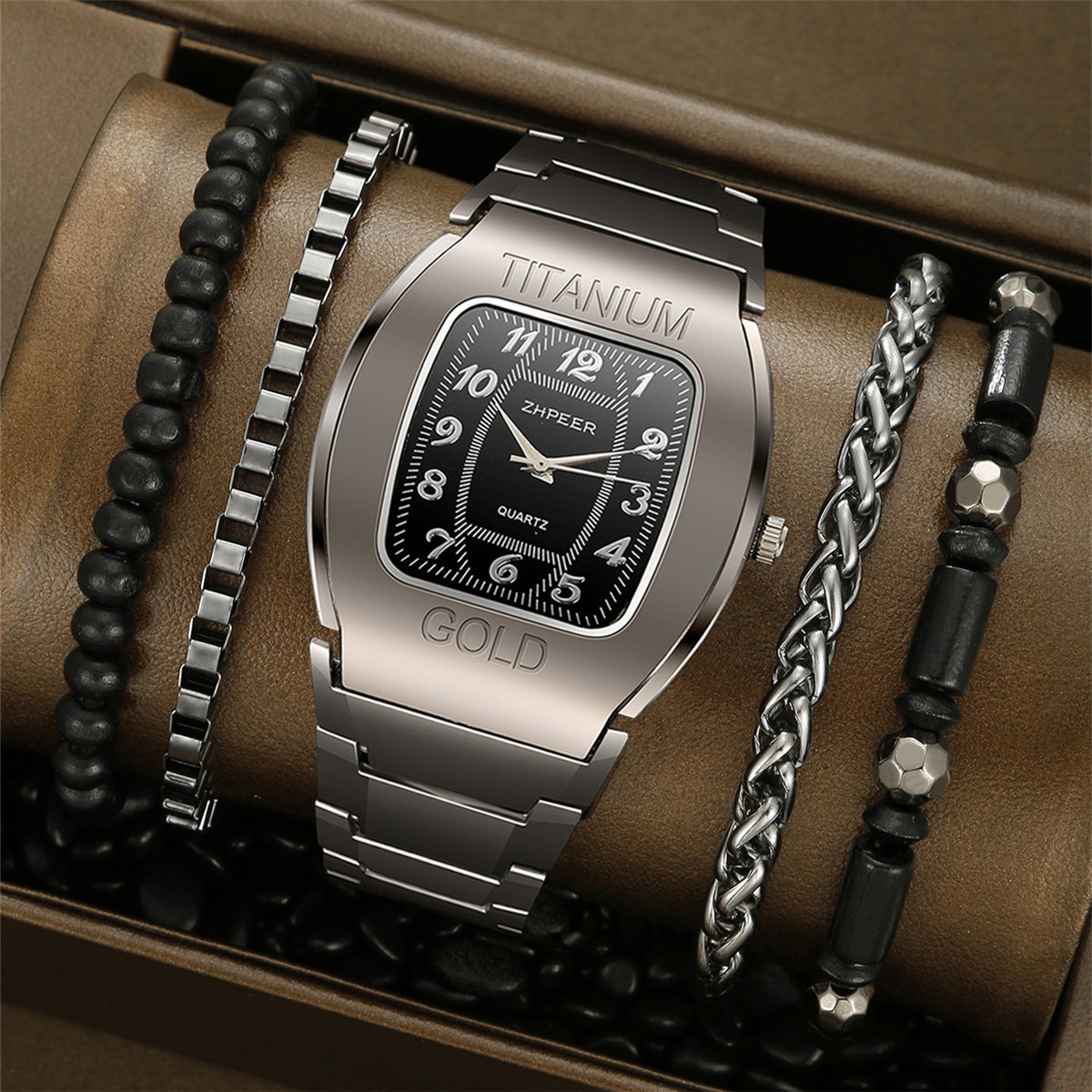 Cross-Border New Fashion Men's Barrel-Shaped Steel Band Watch Casual Quartz Watch Set Men's Factory Direct Supply