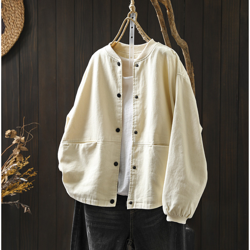 Workwear Baseball Jacket Women's Short Loose Slimming Spring and Autumn Large Size Cotton Stand Collar Double Pocket Outer Jacket