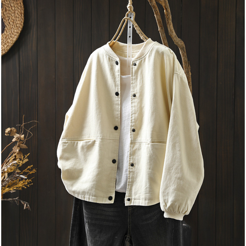 Workwear Baseball Jacket Women's Short Loose Slimming Spring and Autumn Large Size Cotton Stand Collar Double Pocket Outer Jacket Workwear Baseball Jacket Women's Short Loose Slimming Spring and Autumn Large Size Cotton Stand Collar Double Pocket Outer Jacket