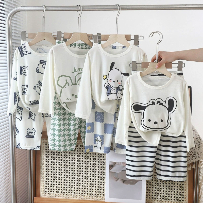 Комплект детской домашней одежды для мальчиков и девочек, летняя тонкая одежда с кондиционером, детские пижамы с длинными рукавами и милыми героями мультфильмов маленького и среднего размера