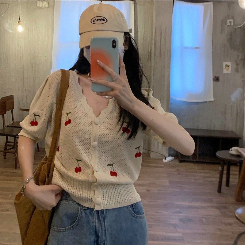 Hollow Short-Sleeved Knitted Cardigan Women's Summer Cherry Embroidered Collar Shirt Short Slim Waist Puff Sleeve Top Thin