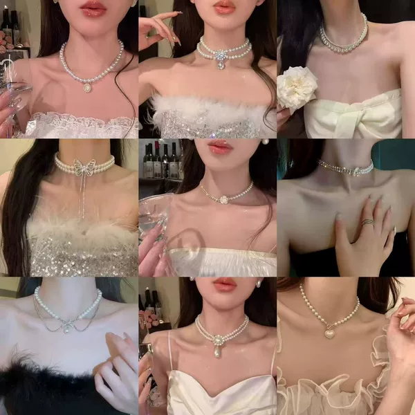 Sparkling Diamond Butterfly Pearl Necklace for Women, Ins Niche Retro Sweet Cool Spicy Girl Light Luxury Clavicle Chain New Accessory Wholesale