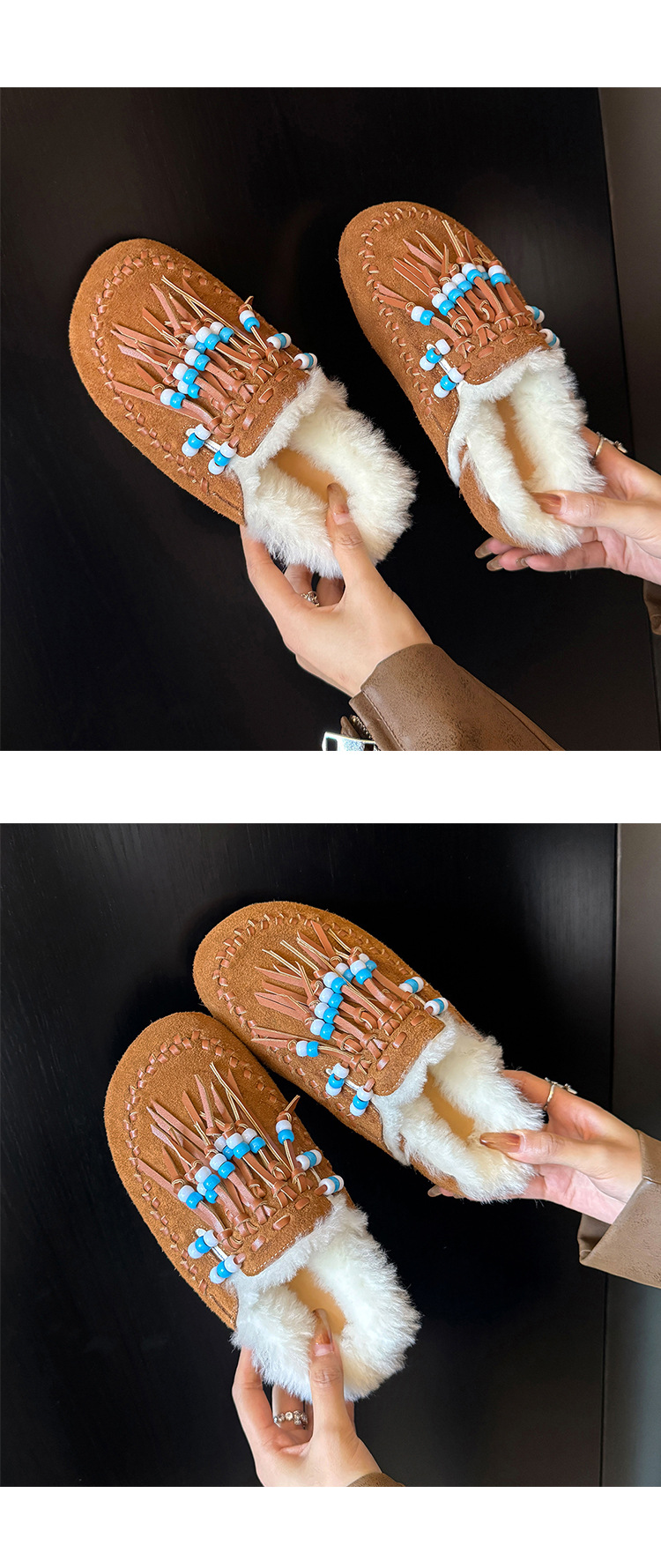 Guốc lười lông dày nữ mũi tròn kiểu Birkenstock có tua rua và hạt — màu nâu chi tiết 13