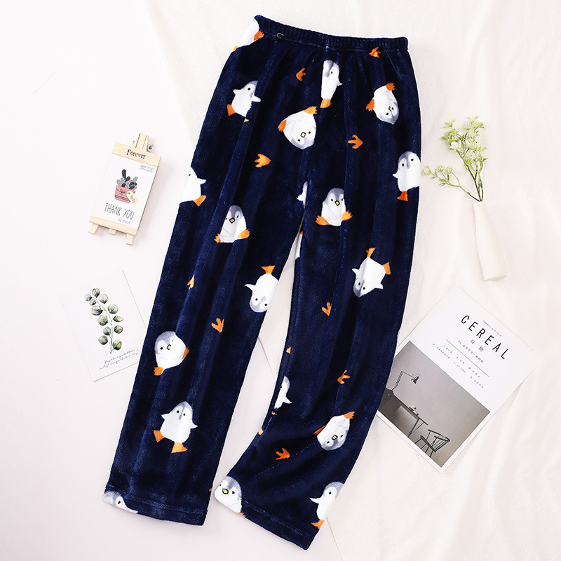 Pantalones de pijama para mujer de otoño e invierno, pantalones largos de franela, ropa de estar de forro polar coral, venta al por mayor de una sola pieza, ropa de casa cálida y dulce.