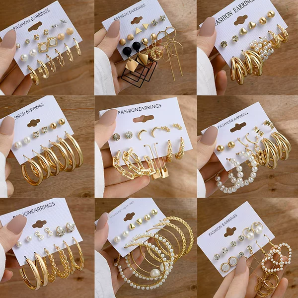 XP17 Vintage Gold Geometric Women Earrings suit Fashion Pearl Round Earrings Earrings earringsset