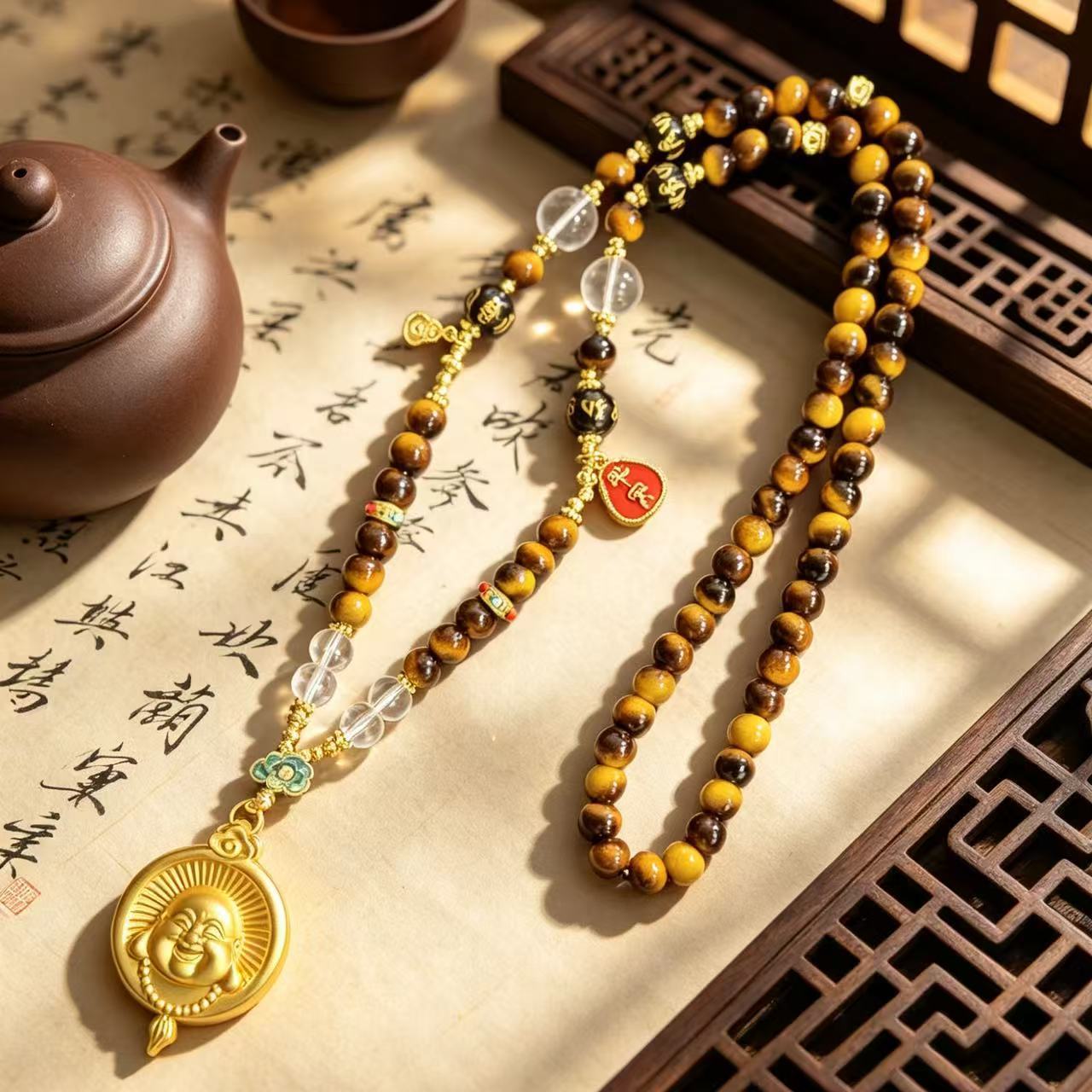 Original Design Maillard Color Series Imitation Tiger Eye Beaded Necklace Vintage Maitreya Buddha Sweater Chain Accessory Clavicle Chain