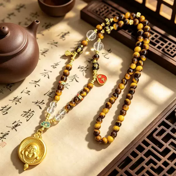 Original Design Maillard Color Series Imitation Tiger Eye Beaded Necklace Vintage Maitreya Buddha Sweater Chain Accessory Clavicle Chain