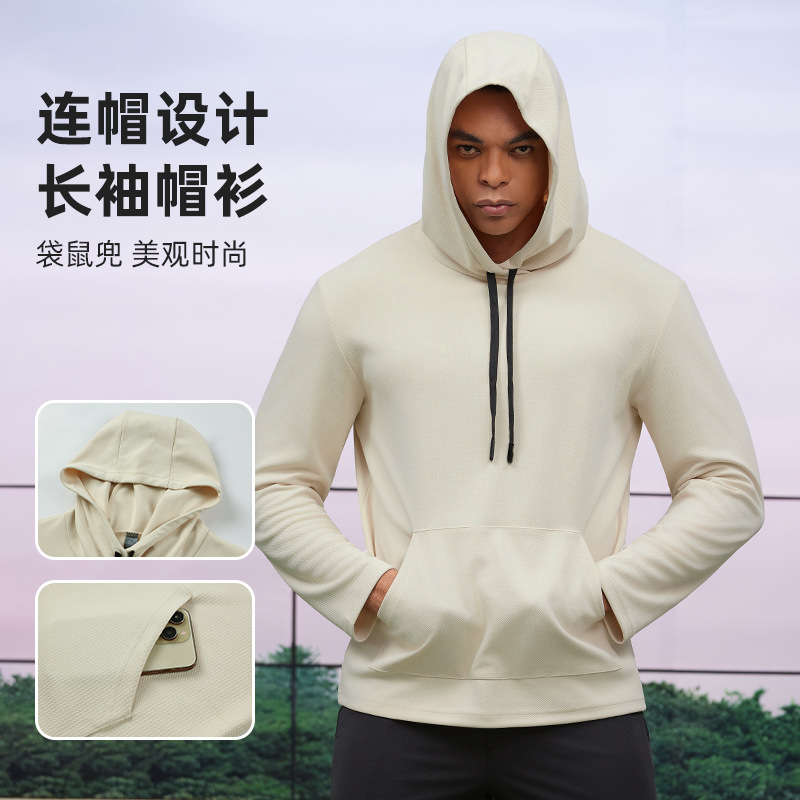 Cross-Border Outdoor Hooded Sweatshirt Autumn and Winter Running Training Fitness Sweatshirt Men's High Collar Quick-Drying Kangaroo Pocket Long Sleeves