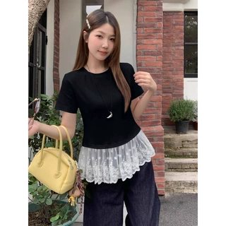 白色t恤女短袖2026新款夏季韩版拼接时尚荷叶边洋气修身显瘦上衣