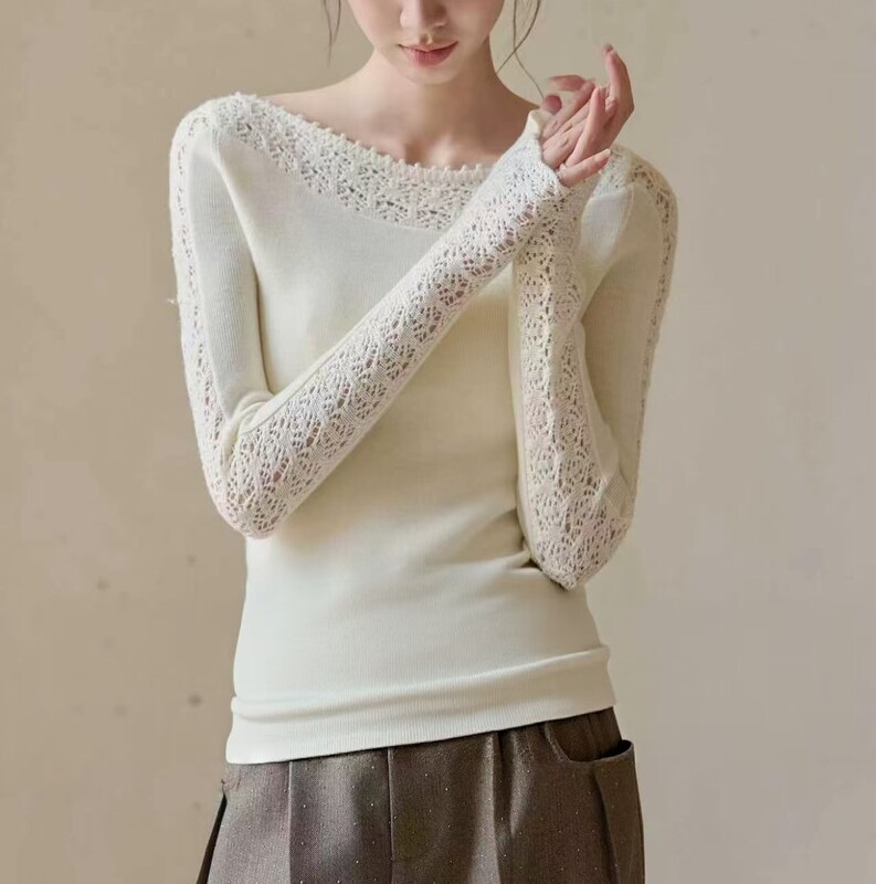 JANSAN German Yangzi Yarn Fine Knit All-Wool One-Shoulder Crochet Hollow Out Base Knit Top