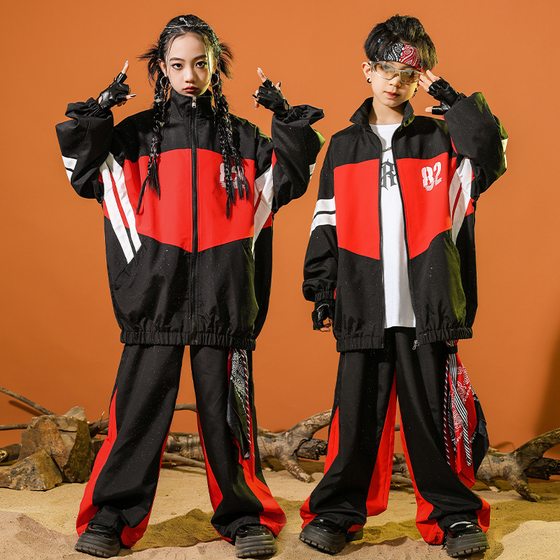 兒童街舞潮服hiphop男童嘻哈黑紅夾克套裝女童走秀潮裝元旦演出服