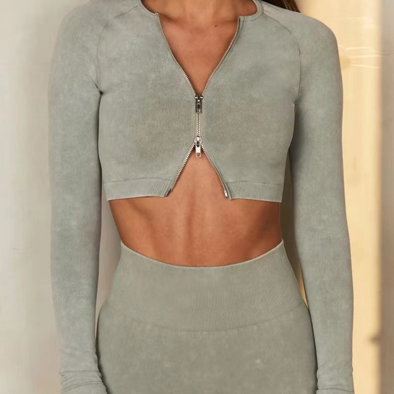 现货新款欧美砂洗无缝瑜伽服套装女长袖仿牛仔双拉链运动健身套装