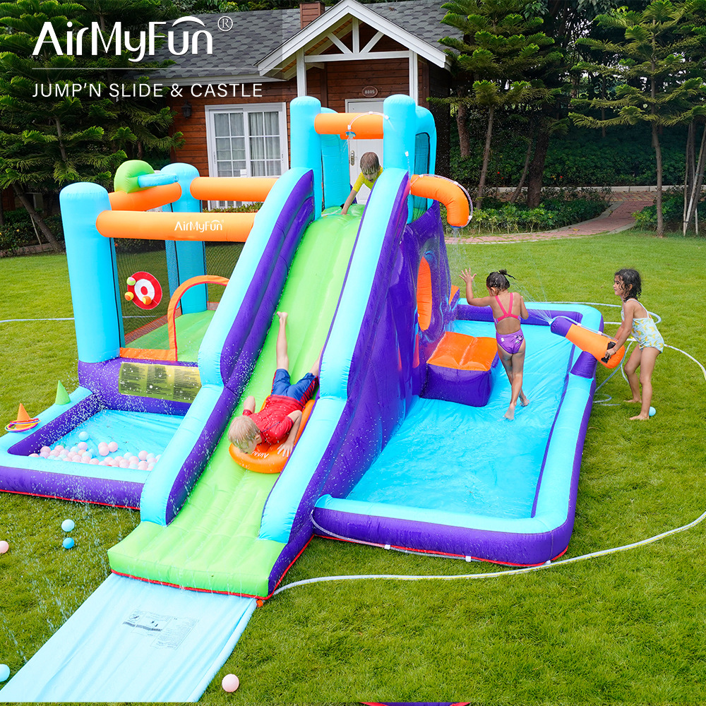 Castillo inflable con rociador de agua AMF para uso doméstico, tobogán inflable interior para niños, trampolín inflable pequeño con rociador de agua