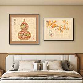 轻奢两联卧室床头装饰画主卧房间新中式挂画壁画简约现代高级感