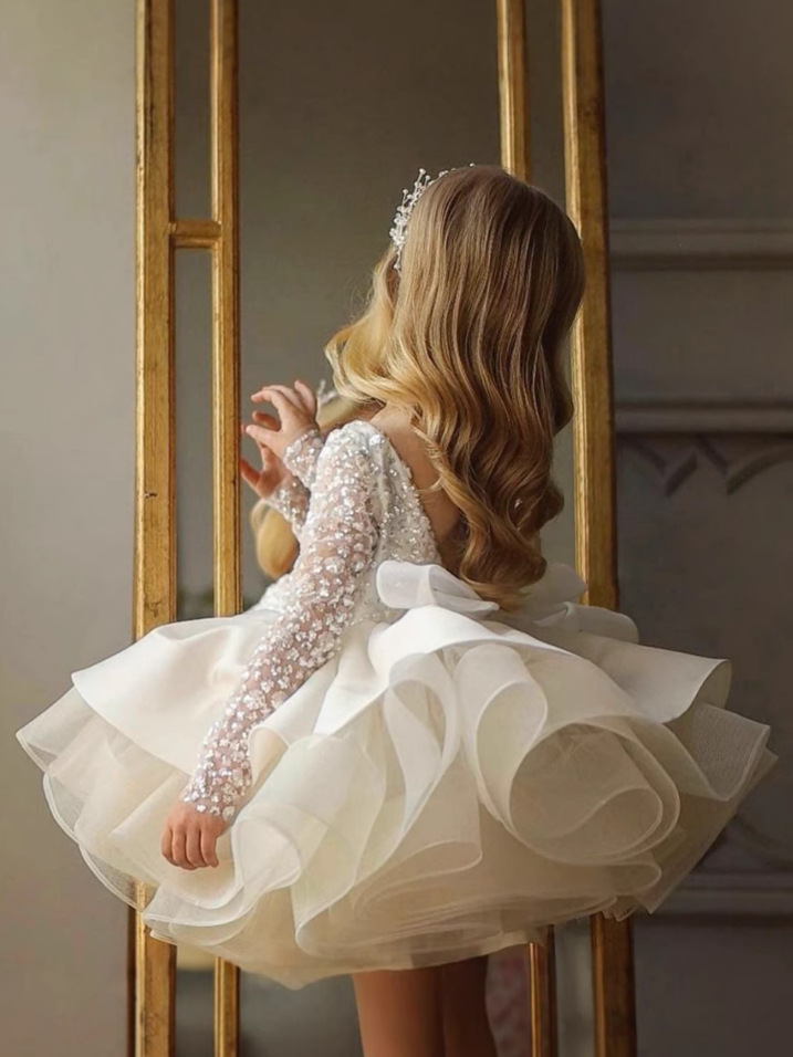 Comercio exterior europeo y americano transfronterizo vestido de novia para niños niñas de manga larga encaje lentejuelas rendimiento anfitrión cumpleaños mullido falda