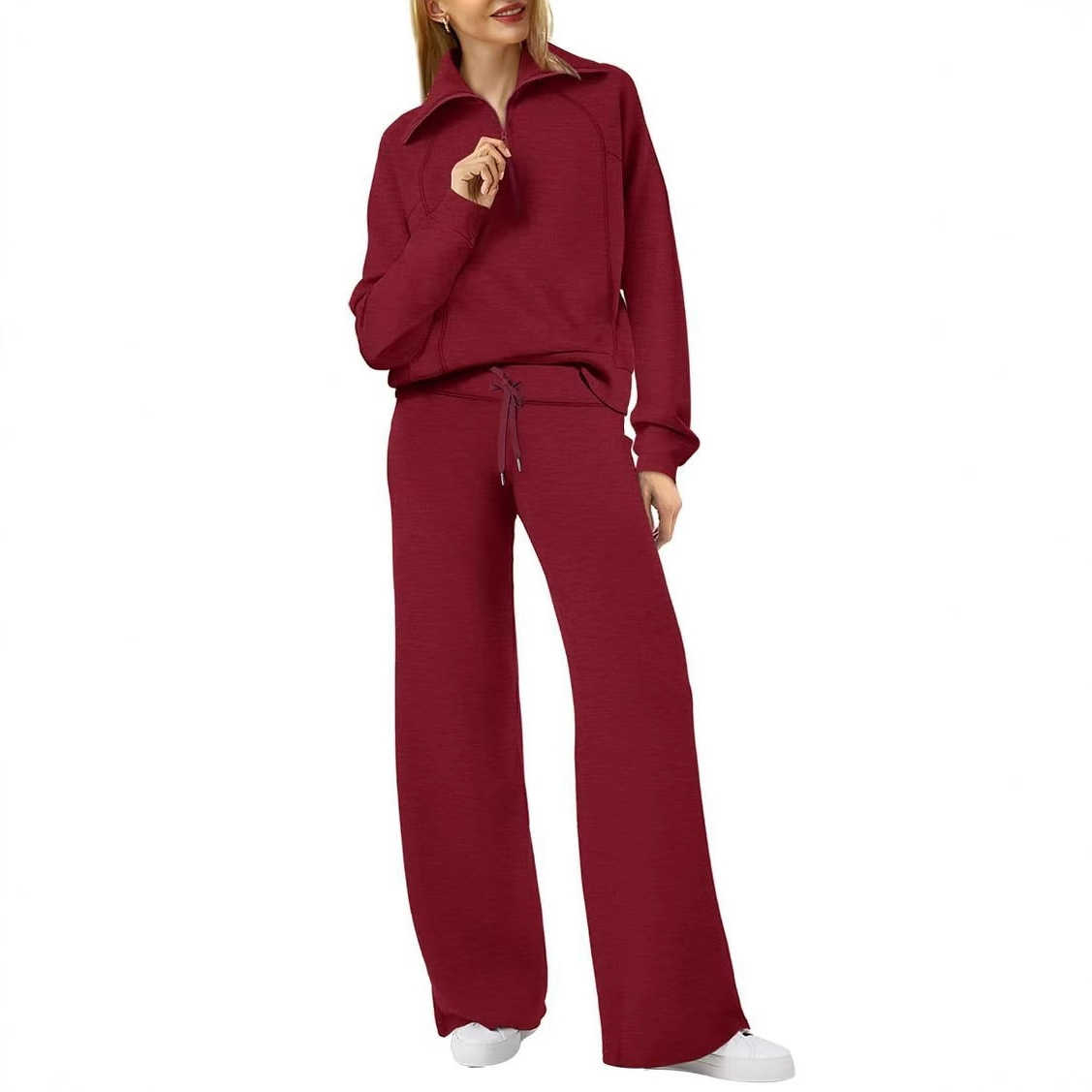 2025 European and American Amazon European and American Style Two-Piece Oversized Half-Zip Sweatshirt Wide-Leg Sweatpants Casual Set