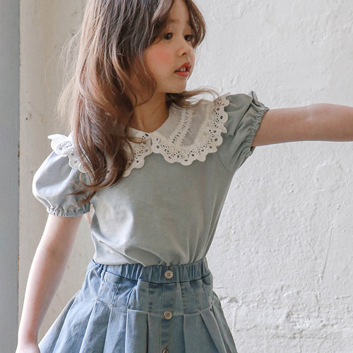 2024 Summer Strawberry Shan Korean Children's Clothing Children's Girls Lace Large Lapel T-Shirt