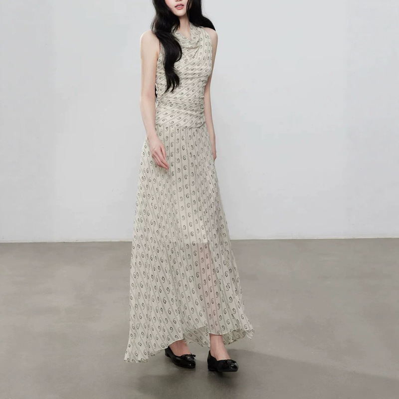 Beige Printed Georgette Dress, New Summer Style, High-Waisted, Slimming, Drapey and Flowing Long Dress Beige Printed Georgette Dress, New Summer Style, High-Waisted, Slimming, Drapey and Flowing Long Dress