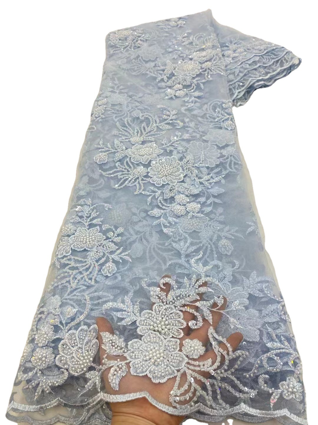 Tela de encaje bordado tridimensional posicionamiento de la flor tela de bordado de lentejuelas flor hecha a mano tubo de cuentas bordado de tela de malla JX3481