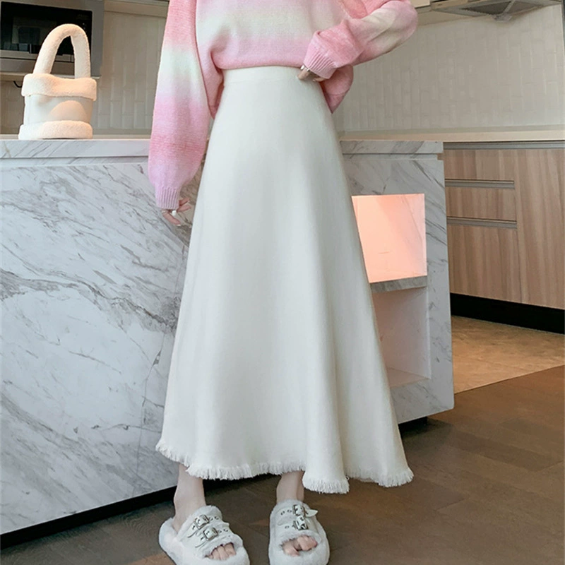 KANING кисточка шерстяная трикотажная юбка женская осень-зима новая высокая талия тонкая сплошная юбка