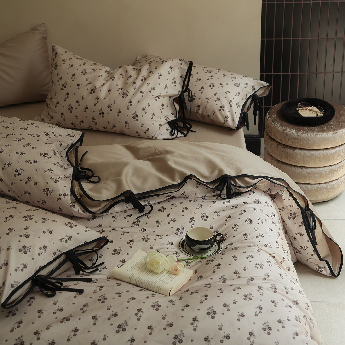 Nordic French Vintage Boho Class A French Vintage Small Floral 100-thread-count Sateen Long-staple Four-piece Set, Pure Cotton Bed Sheet And Duvet_voghion.com