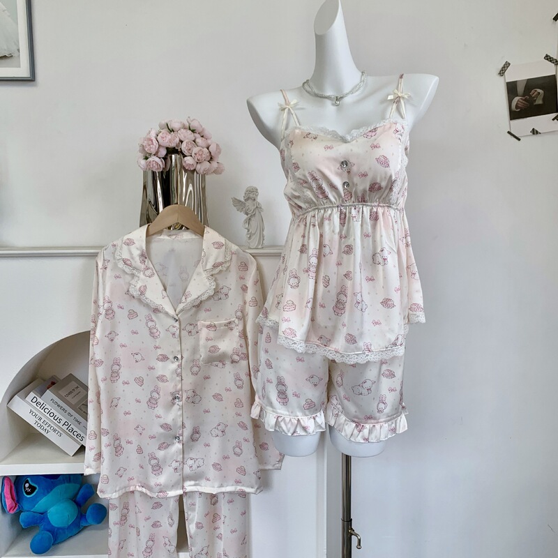【Soft Cute Flower Rabbit】Original Early Spring New Four-Piece Set of Ice Silk Pajamas with Cartoon Bunny Design, Cute Loungewear for Women
