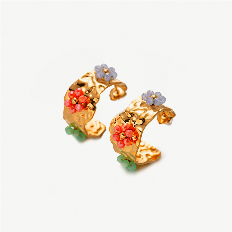 Tina Cross-border versátil textura de acero inoxidable color zircon perlas cuentas de flores pendientes de oro 18 quilates